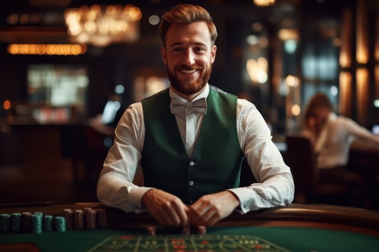 Multi-camera live studio broadcast showing dealer, cards, and betting table from multiple angles on pelangicasino